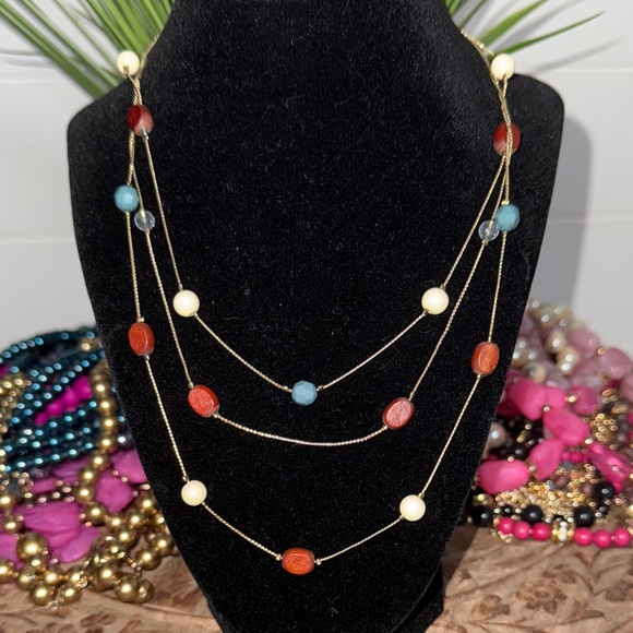 New York & Company Red, Blue, and Cream Beaded Necklace - Picture 1 of 6